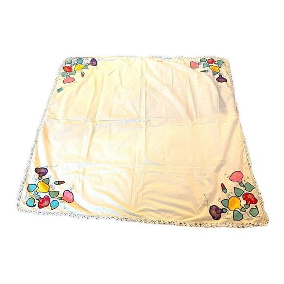 Tablecloth Morning Glory Flowers Floral Embroidered Square 62" Vintage Retro - Picture 2 of 8